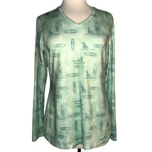 WB4 AFCO Fishing Tackle Sun Shirt Top Boat Print Long Sleeve Activewear Women's